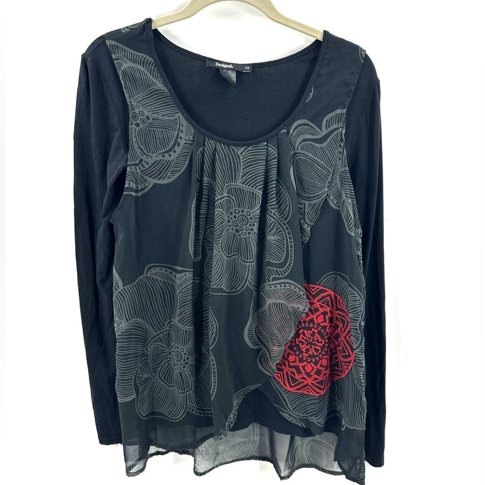 Desigual Blackville Chiffon Top Womens XS Asian Print Jersey Stretch Whimsigoth - Picture 2 of 9